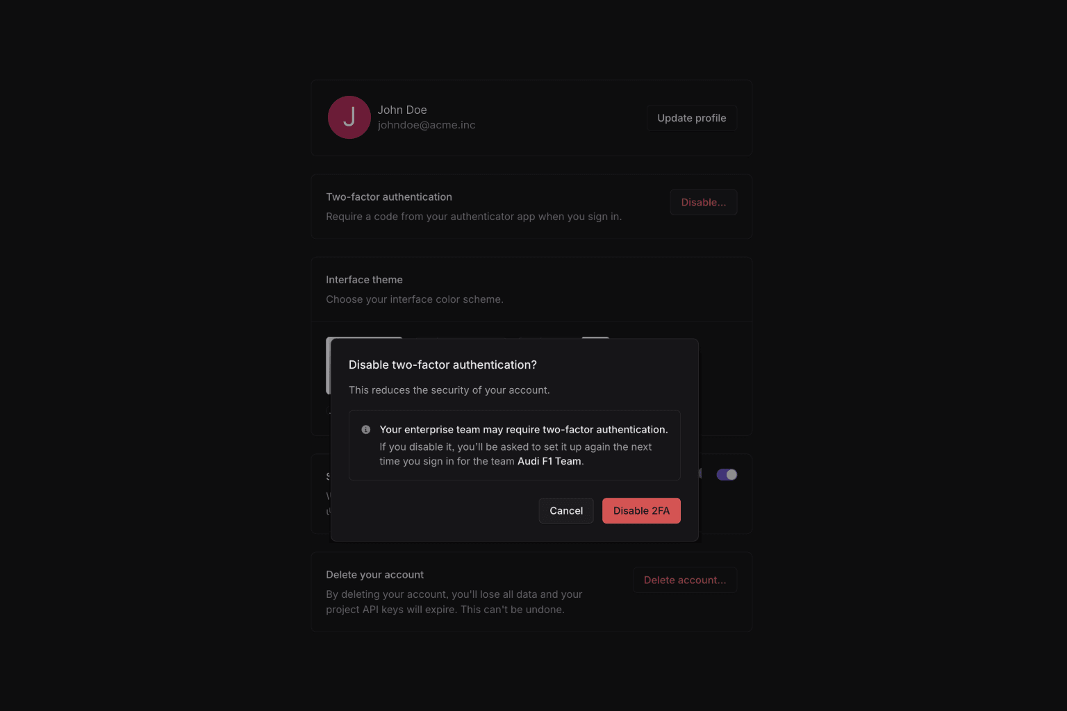 Alert to confirm the action of disabling MFA