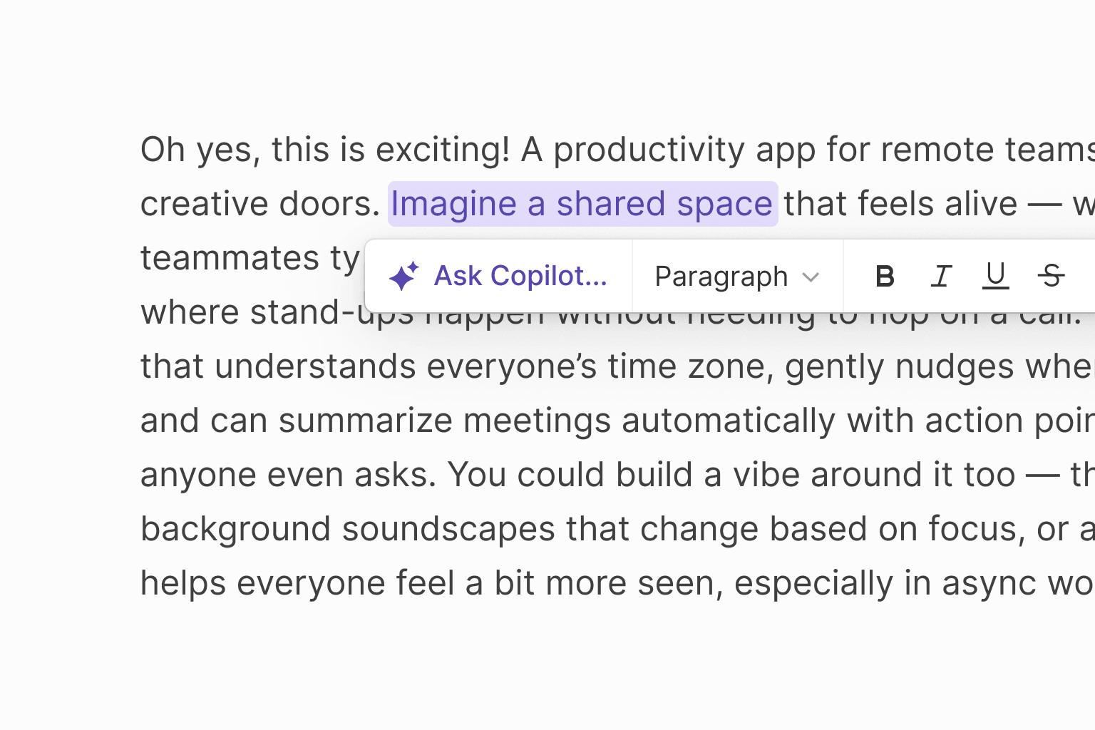 An example of the AI toolbar in a text editor, with an 'Ask Copilot' button.