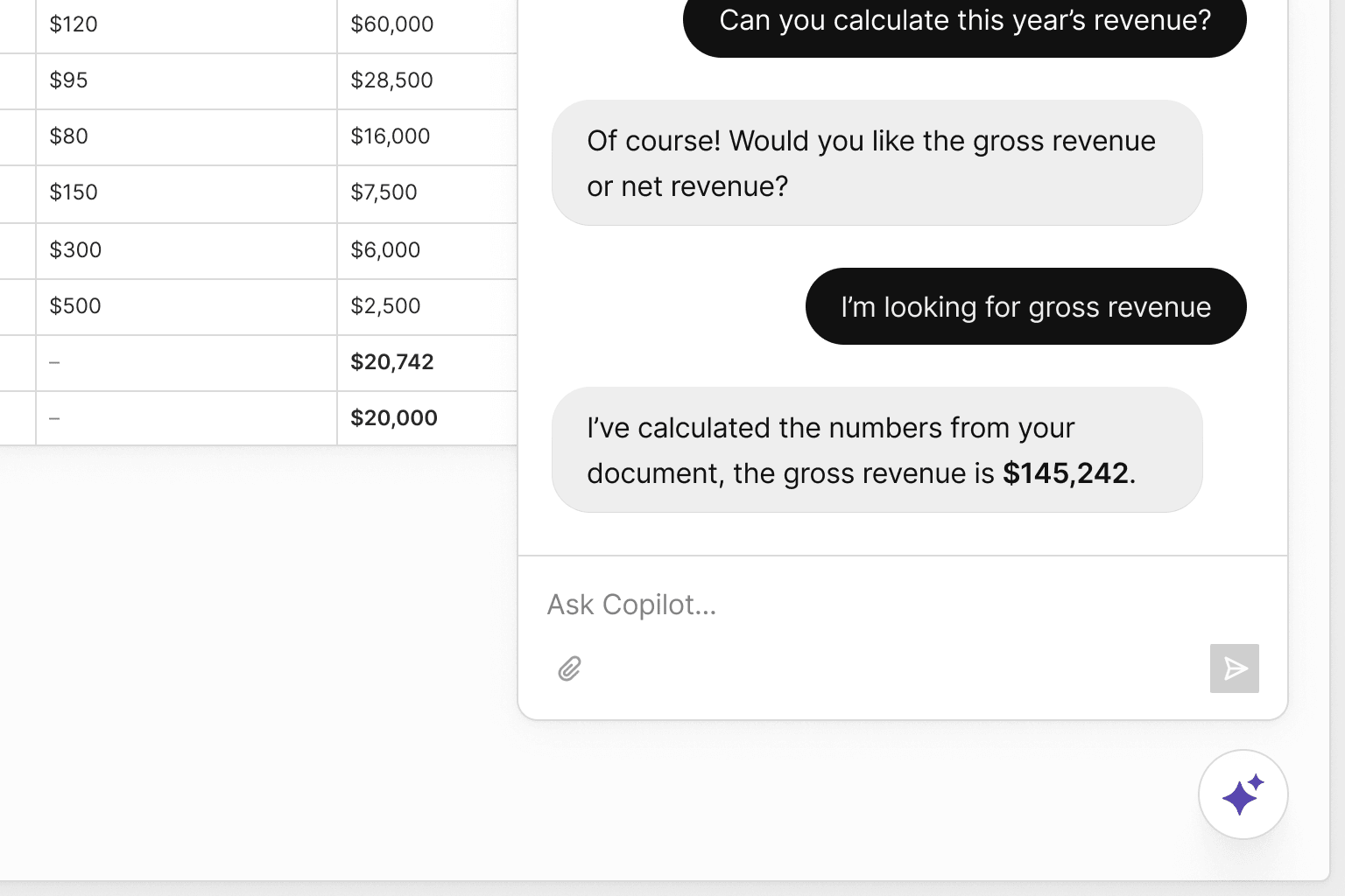 An example of a document containing numbers. The AI chat in the corner has been asked about the numbers, and understands the context of the document.