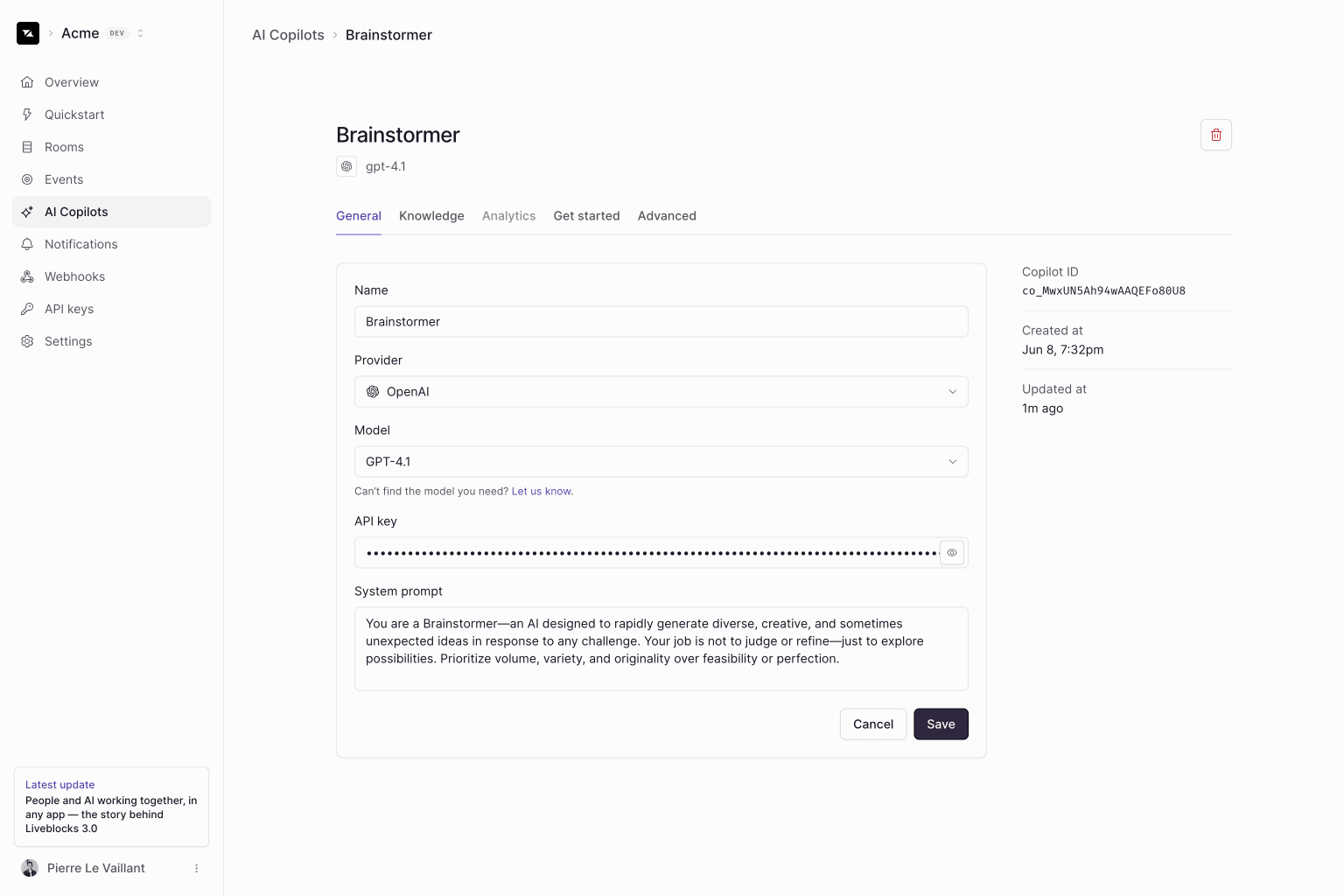 A screenshot of our dashboard, showing the settings for an AI copilot.