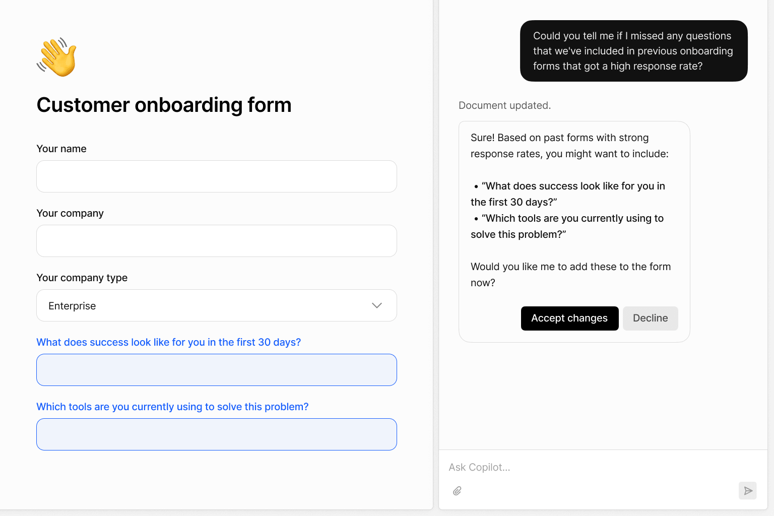 An example of a document with a chat app in the corner. The chat has run a tool, and has edited the document.