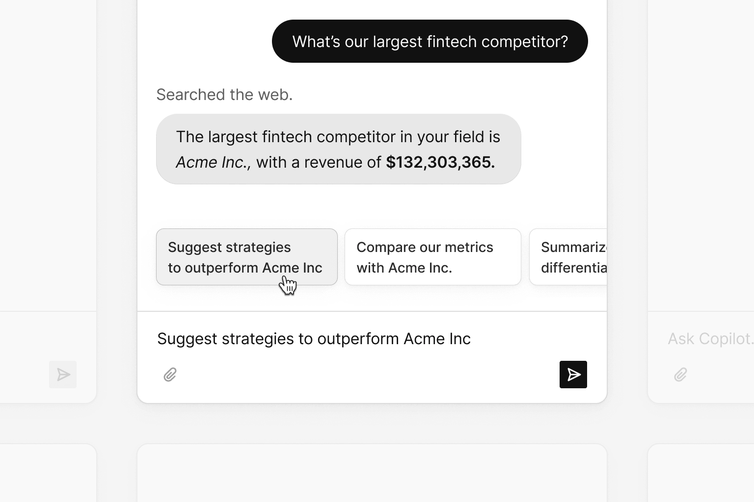 A screenshot of the ready-made chat component, with messages and AI suggestion buttons.