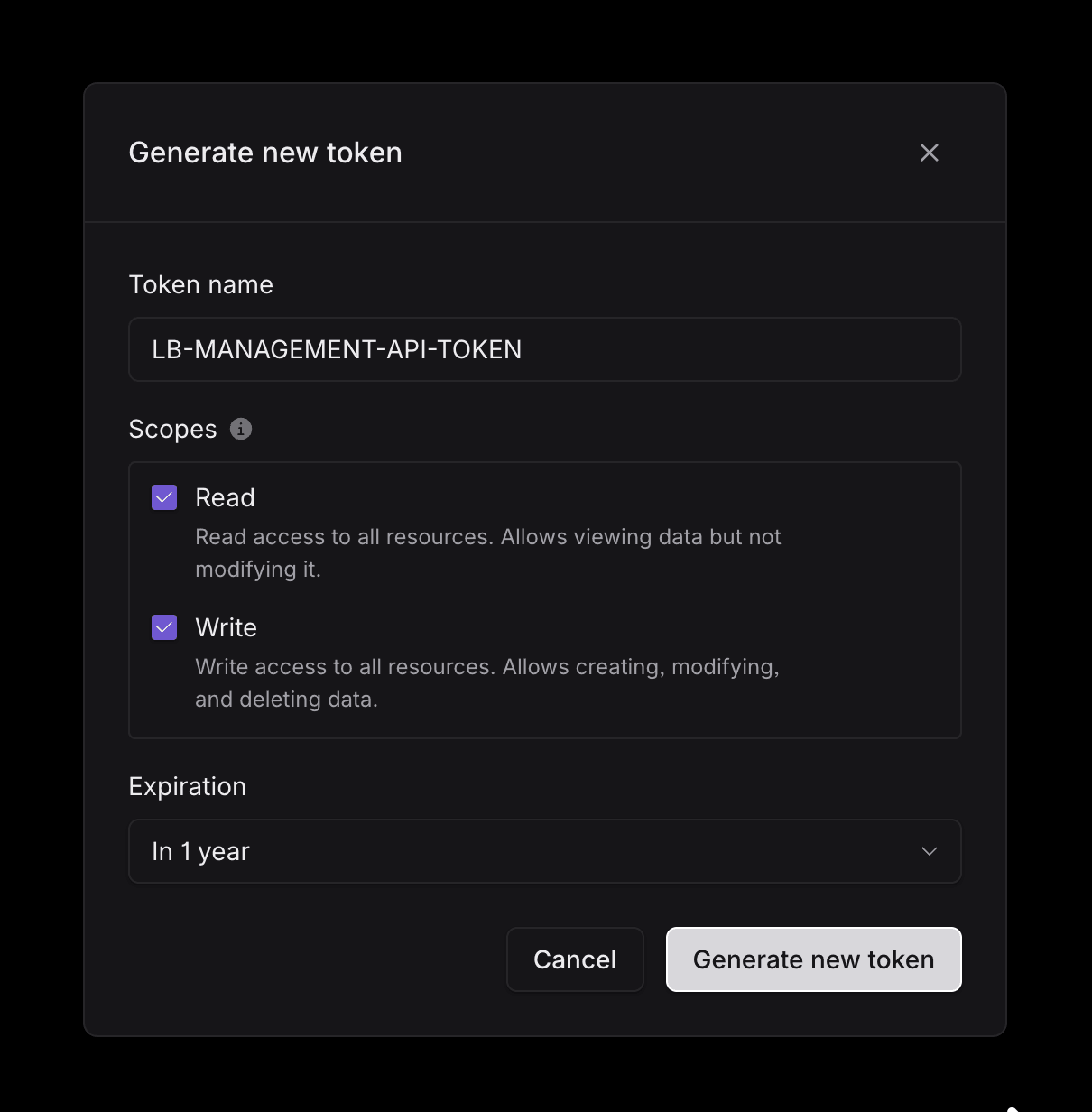 Generate new access token dialog