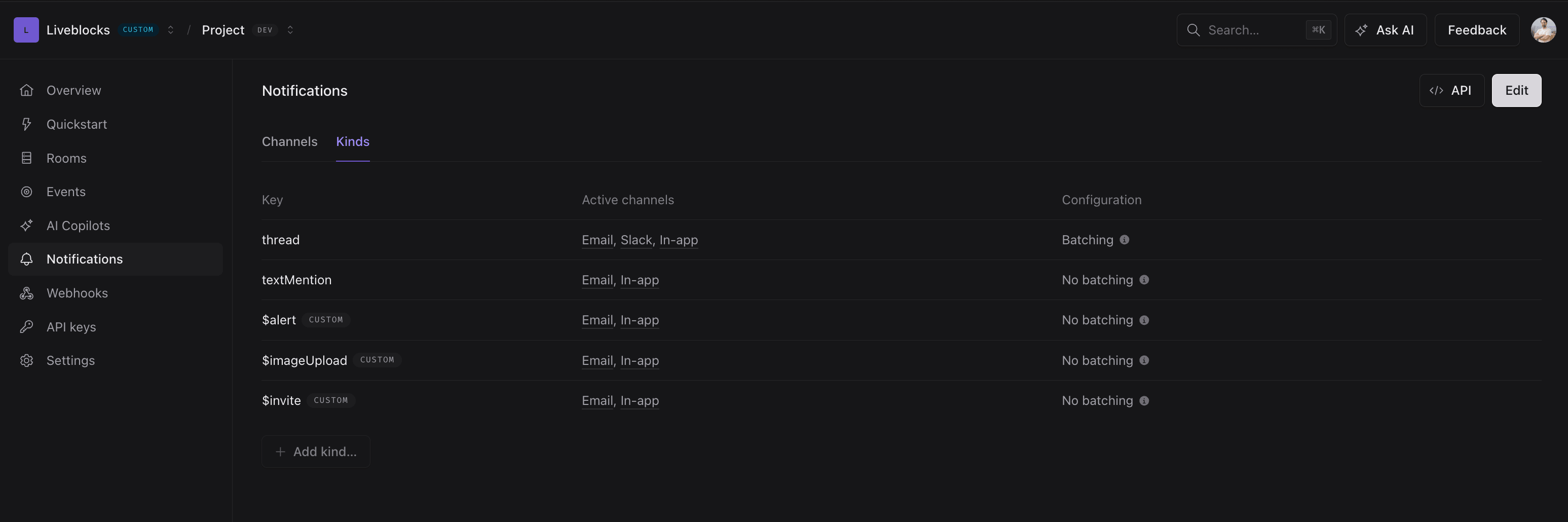 Project notification settings kinds