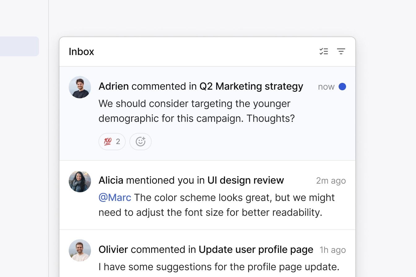 A notifications inbox with rich notifications and an unread badge