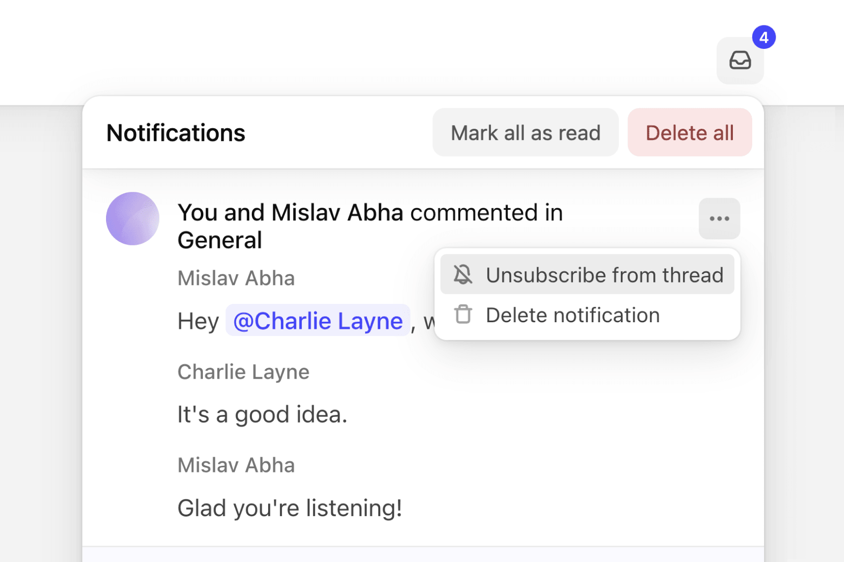 Unsubscribe from a thread in a notification