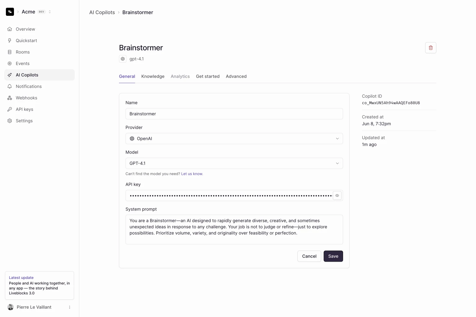 Manage your copilots in the Liveblocks dashboard