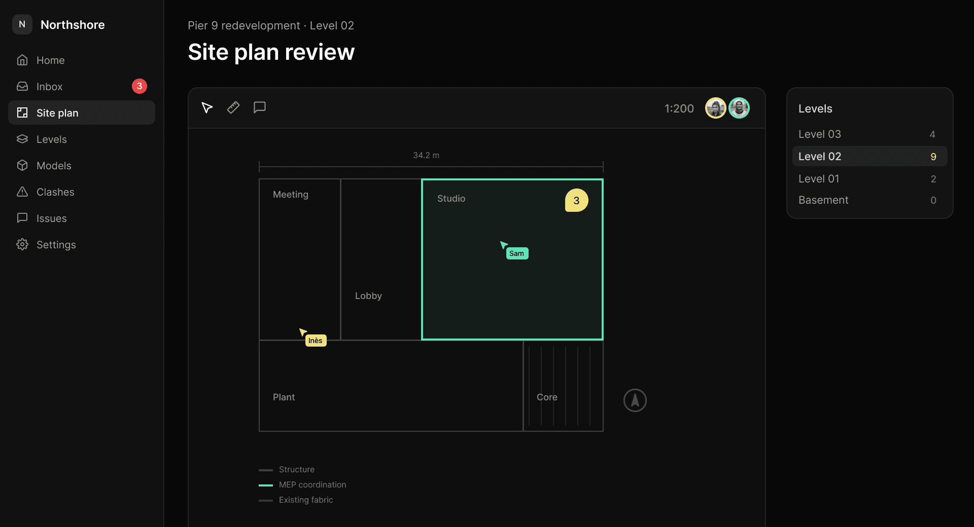 Floor plan review with live cursors and comments pinned to a room screenshot
